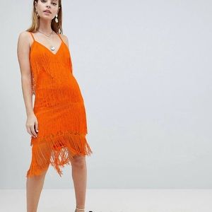 Asos Design Petite Fringe/Lace Plunge Bodycon